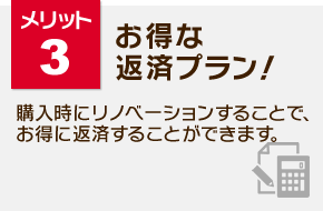 メリット3：お得な返済プラン！購入時にリノベーションすることで、お得に返済することができます。